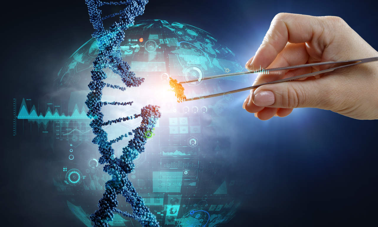 DNA molecules design with female hand holding pincers. Mixed media